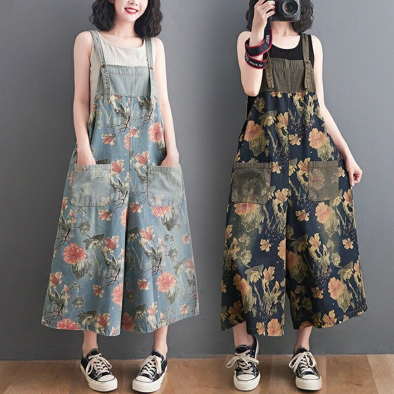 紺 ブルー パンツ 30代 フラワー レディース 夏 サロペット ワイド パンツ 春秋 M レディース サロペット 夏 L LL 3L レディース