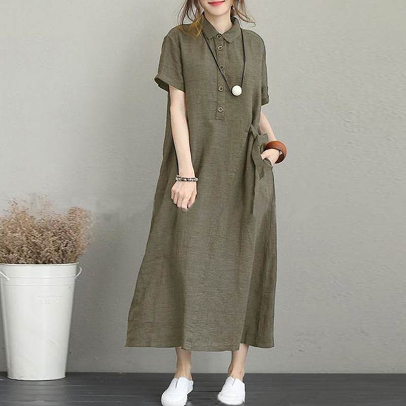 ロング丈 半袖 襟付き 前開き リネン 大人可愛い シンプル カジュアル 上品 お洒落 大人女子 こなれ感 ラフ 無地 春 夏 秋 ママ