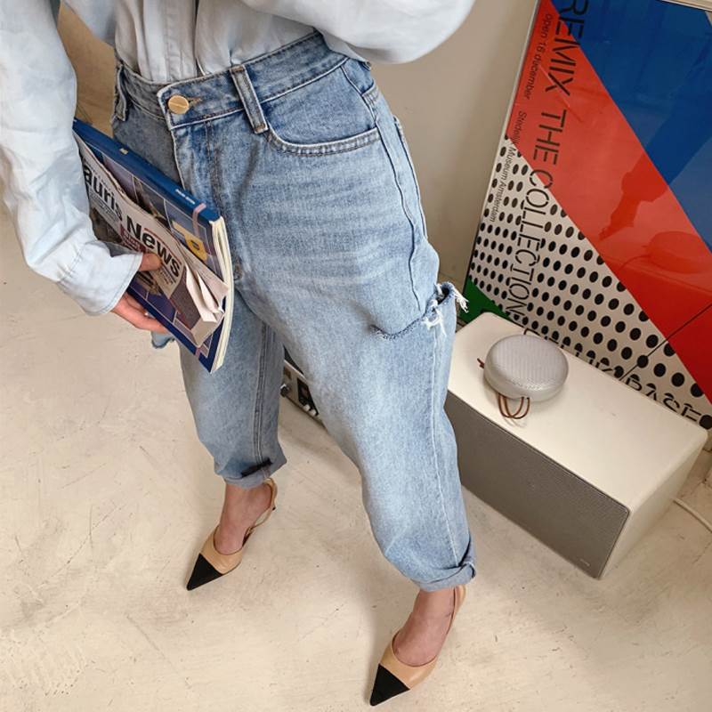 パンツデニム コーデ ダメージ 加工 ボトムス 9分丈 ストレート ハイウエスト デニム 大人 可愛い シンプル カジュアル おしゃれ