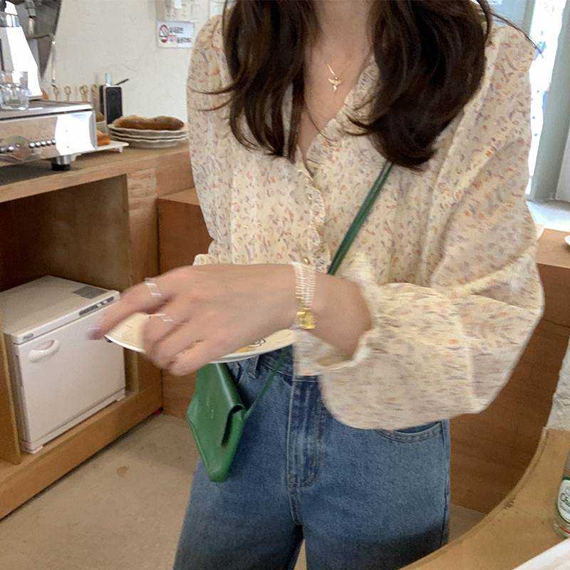 レディース 秋 プルオーバー 長袖 今めかしい 音の大きさ袖 ゆったり トップ 襟付き添い人 好いたらしいめ V素っ首 うつり変わり ひな型 フラウンス 前開