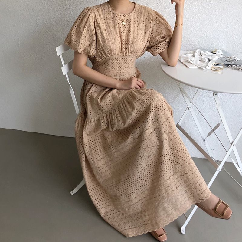 レディース ワンピース ロング 半袖 ポンチングデザイン Aライン フレア パフスリーブ ラウンドネック ウエストマーク レース 薄