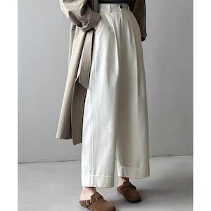 ボトムス レディース ワイドパンツ アンクルパンツ ロールアップ タック 長ズボン ハイウエスト 大人可愛い カジュアル シンプル