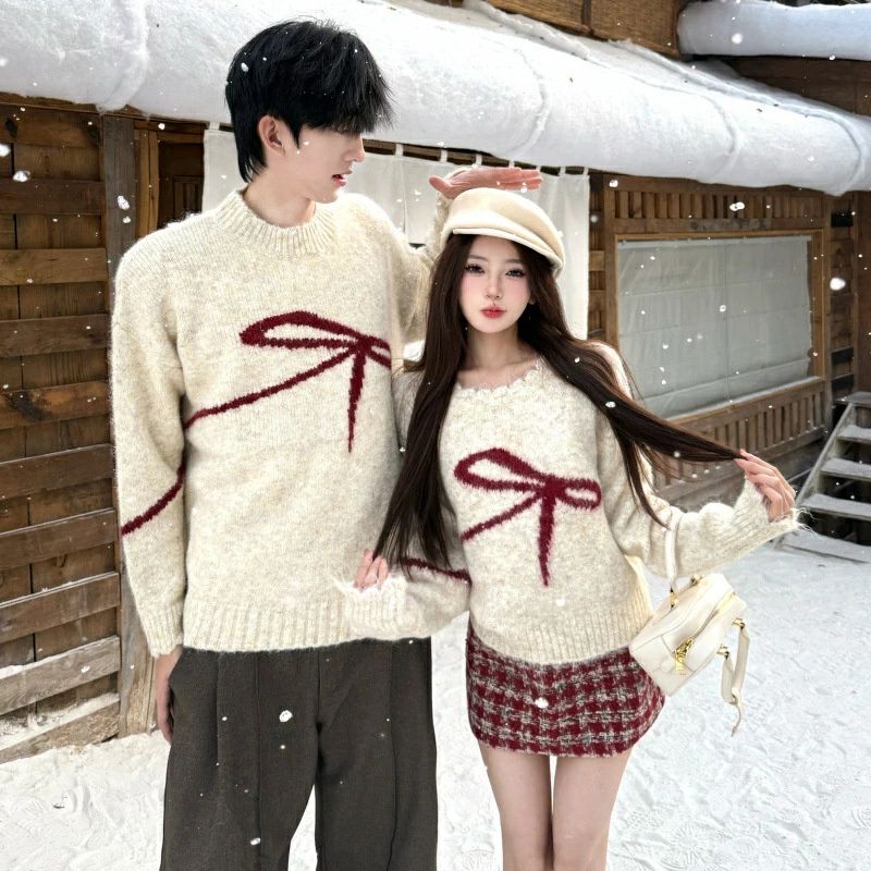 ペアルック セーター リボン シンプル 韓国風 冬 クリスマス 秋冬 uネック ニット 長袖 カップル お揃い 服 トップス プレゼント リンクコーデ ペア ブランド コーデ メンズ かわいい スウェット 人気 秋服