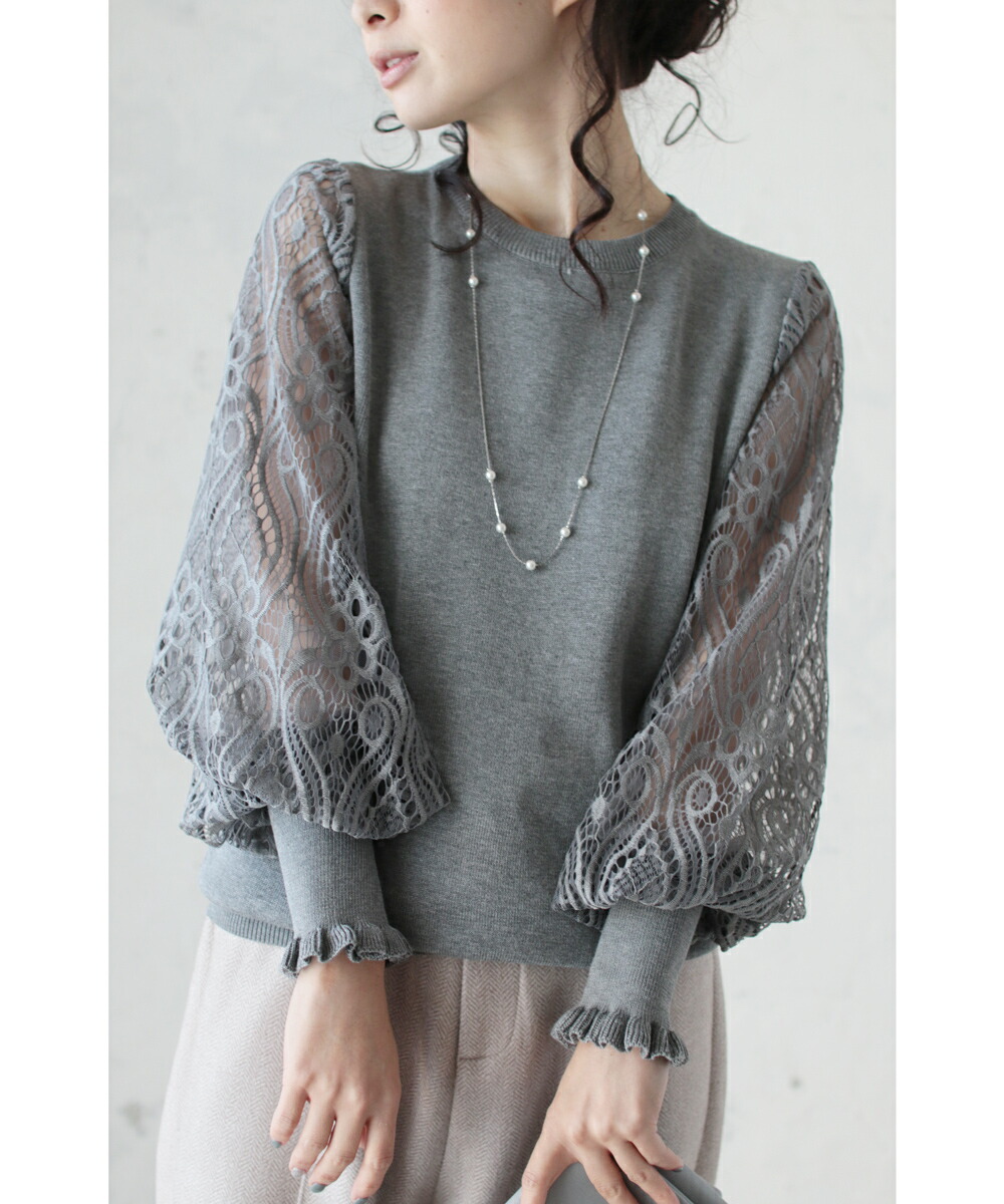 ▼▼(グレー)「frenchpave」心奪われるエレガンス。シアーレースのポワン袖ニットトップス1月3日22時販売新作