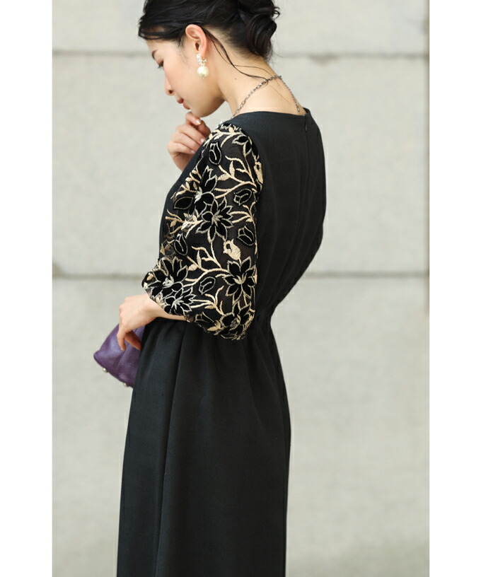 ▼▼S〜M/L〜2L(予約展示会)(ブラック)「frenchpave」花袖レースのブラックタックワンピース2月19日22時販売新作/S/M/L/2L