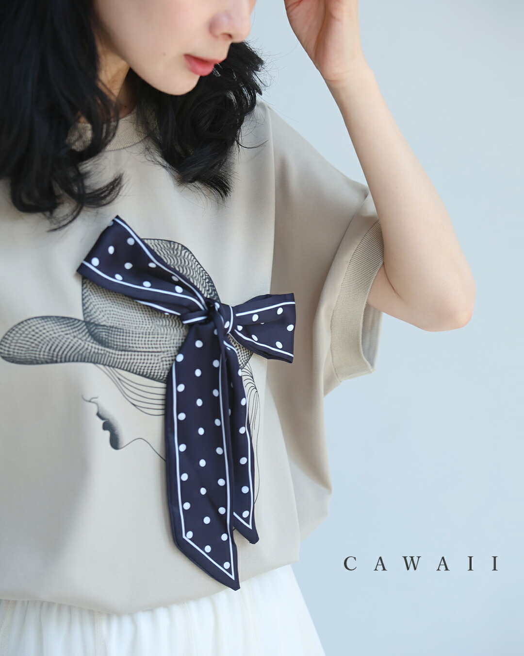 （S~2L対応） 麦わら帽子のドットリボンがなびくドルマンTシャツトップス