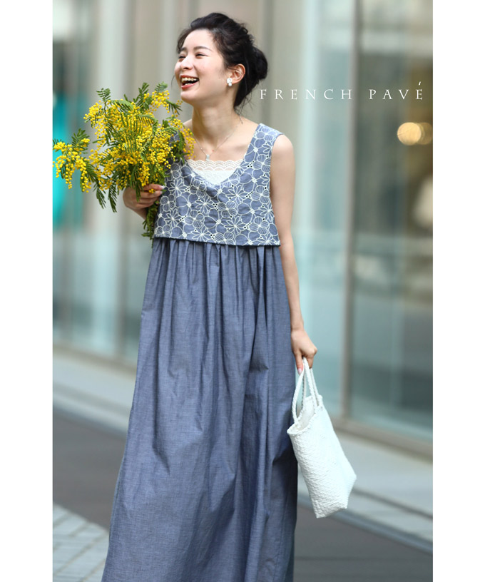 正規激安 再入荷 4 11 12時 時 脚長魅せ効果 胸元切り替えの花刺繍ロングワンピース 安い Haringeylawcentre Org Uk