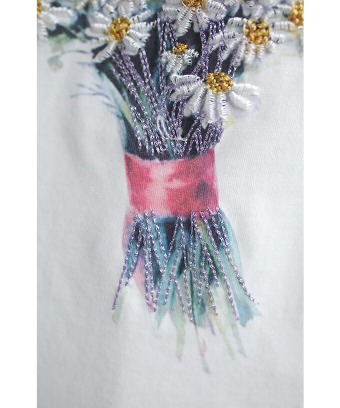 S L対応 立体刺繍とスパンコールで描いた花ブーケtシャツトップス 超可爱の
