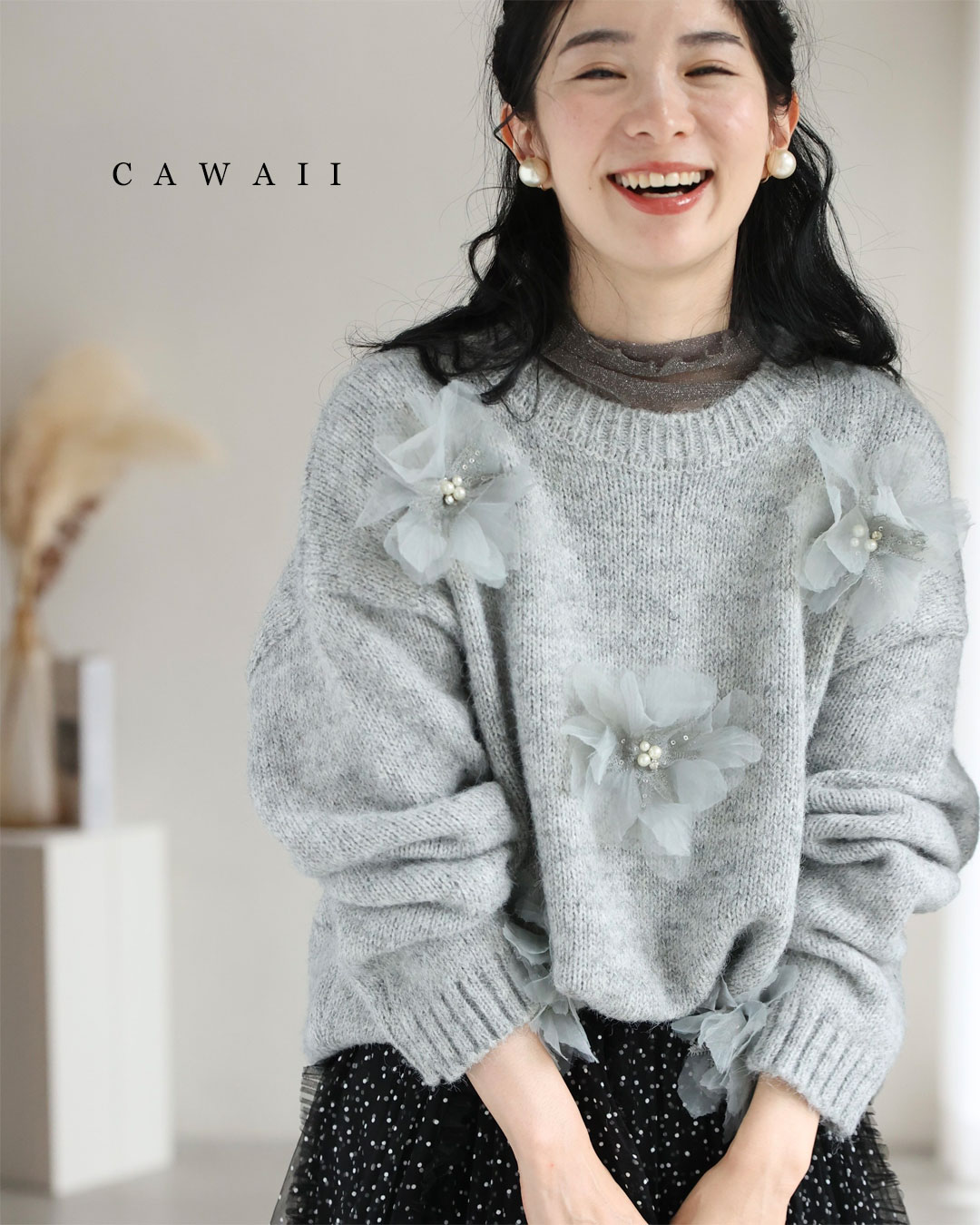 楽天市場】（S~3L対応）大輪の花を咲かせるバイカラーニットプル