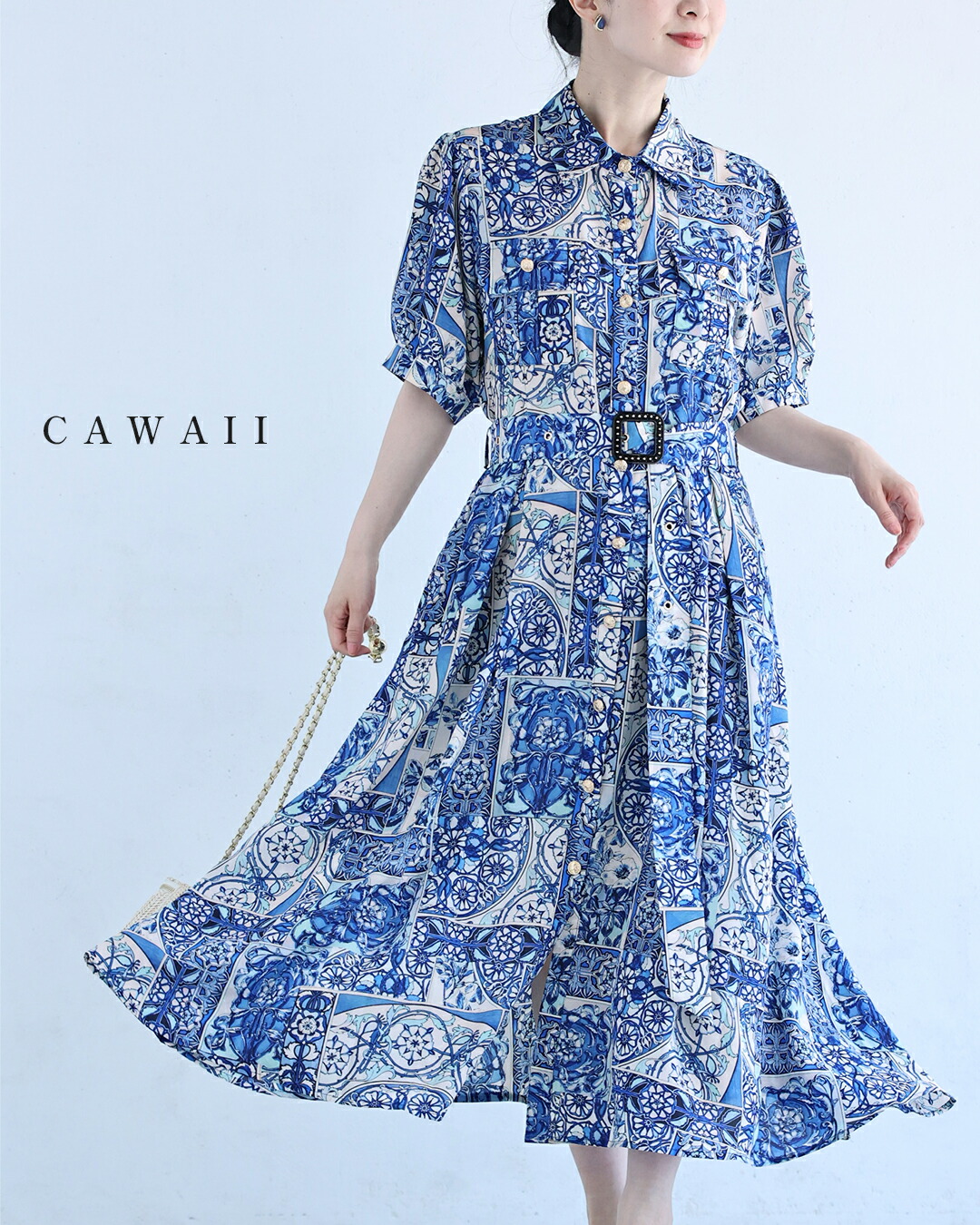 【再入荷♪7/4 20時】（S~L対応）スペインで見かけたモザイクアートのシャツミディアムワンピース（ベルト付き）｜cawaii