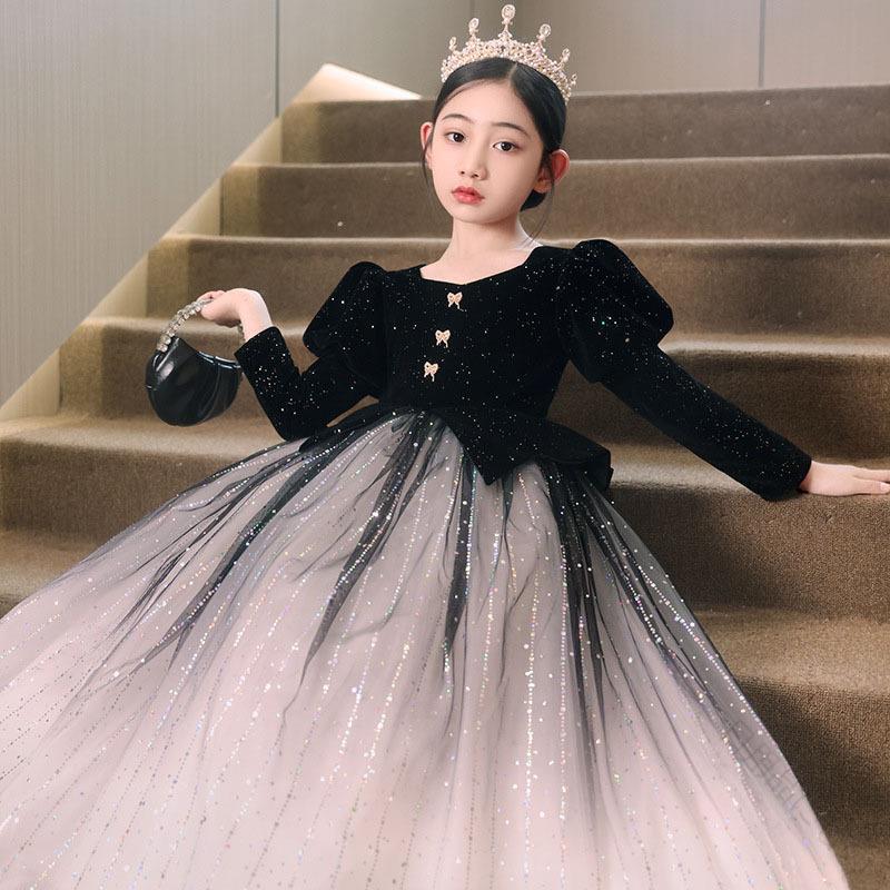 子供ドレス 黒 ベロア ベルベット ピアノ発表会ドレス 演奏会ドレス ブラック 女児ドレス 長袖 半袖 2タイプ リボン付き 可愛い 女の子ドレス 七五三ドレス キッズフォーマル 110~160cm パーティー 結婚式対応