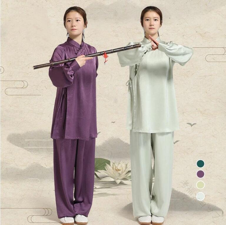 太極拳 衣装 レディース 用 ミドル丈 ゆったり タイプ 大きめ 上下 2点 セット 4色 中華 民族風 長袖 武術 カンフー 練習 表演 演奏 吹奏 衣装 ガーコ パンツ 肌 優しい 大きい サイズ XS S M L XL 春夏秋 向け 舞台服 演出服 中華 コスプレ