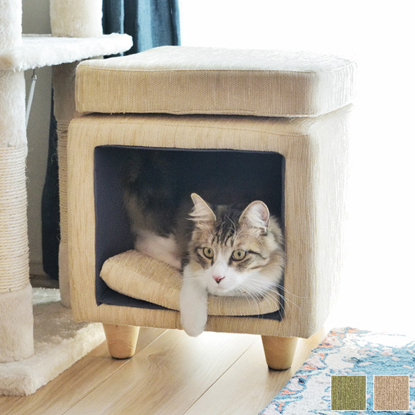 ペットハウススツール スクエア型 ベージュ/グリーン ペットハウス ペットスツール キャットハウス ドッグハウス 犬用 小型犬 猫用 ドッグ キャット ペットベッド スツール 椅子 いす ハウス 屋内 小型｜Ones Interior