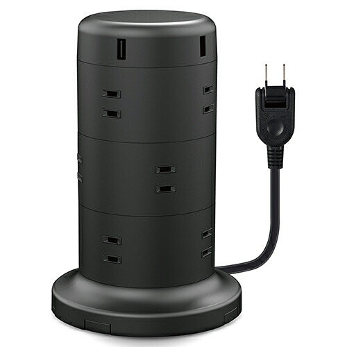 エレコム ELECOM ECT-0720BK ブラック タワー型12口タップ 延長コード 2ピン 12口 2m ECT0720BK