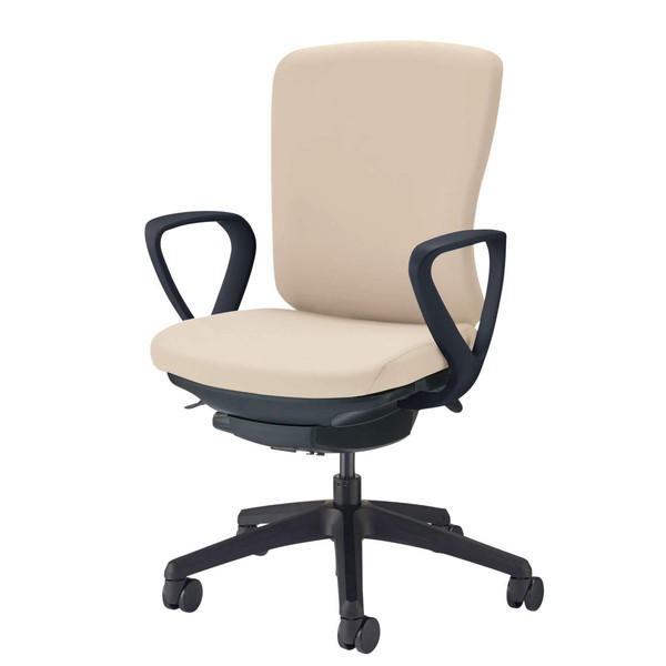 ライオン事務器 オフィスチェア バーサル ミドルバック ブラックシェル ブラック脚 サークルアーム 布張り サンドベージュ No.3516F-K 【代引不可】【送料無料（一部地域除く）】｜よろずやマルシェ