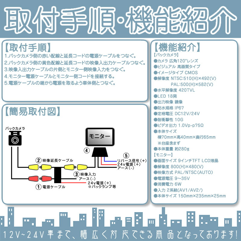 2022 新作 9インチ オンダッシュモニター バックカメラ セット 赤外線LED搭載 安心の暗視カメラ 24V車 大型車 トラック等に  10mケーブル 20mケーブルセット fucoa.cl