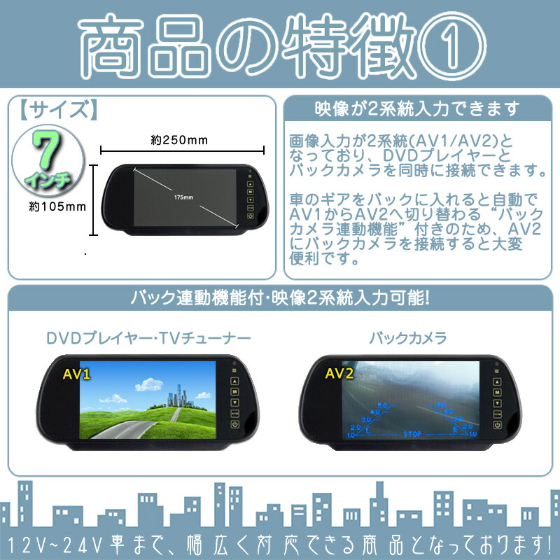 市場 キャンター 他対応 ミラーモニター タイタン 大型車 7インチ トラック等に 24V車