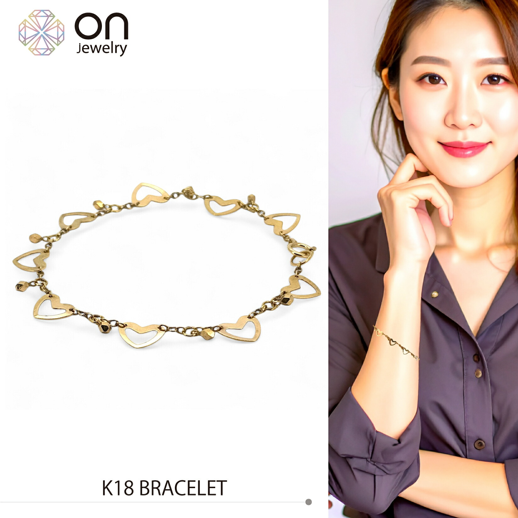 楽天市場】K18 Wハートフラワー カットボールチェーンブレスレット(18