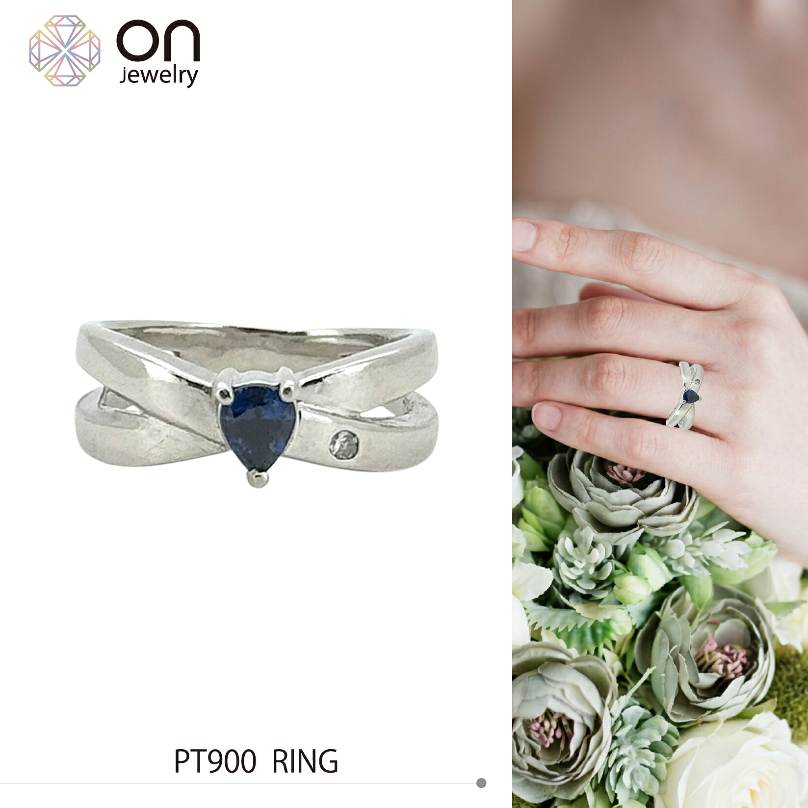 Pt900 しずく型 指輪 サファイヤ 0.36ct ダイヤモンド 0.02ct リング 9号 7.02g 9月誕生石|onjewelry