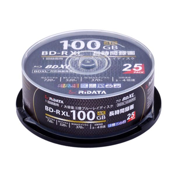 BD-R XL ブルーレイディスク 100GB 25枚 50枚 100枚 RiDATA ライ資料 1回録画用 片面3層 地デジ720分 2-4倍速 ワイドプリンタブル 25枚 スピンドル容れもの BD-R520PW4X.25SPA おすすめ