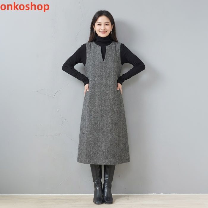onkoshop ブリティッシュツイードのワンピース Vネック ノースリーブワンピース レディース　女性　スカート　ロング