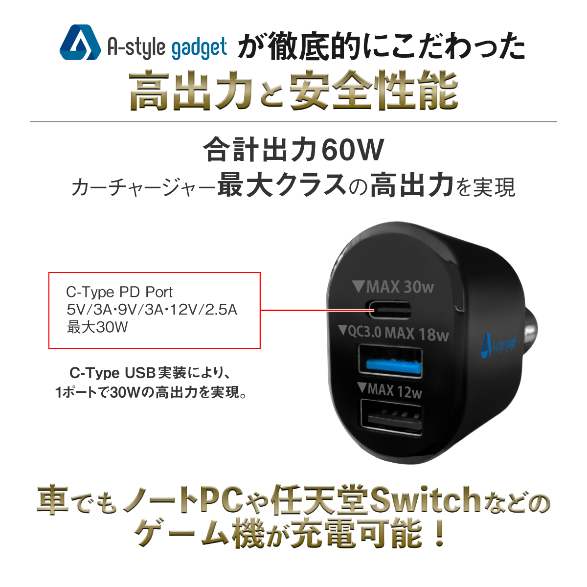 楽天市場 楽天ランキング1位獲得 Usb カーチャージャー シガーソケット 車 充電器 車載充電器 3ポート Type C Type A タイプc Typec 合計 60w 高出力 充電 スマホ パソコン Pc ゲーム機 コンパクト Iphone Android Macbook Ipad Airpods A Styleオンライン 楽天市場店