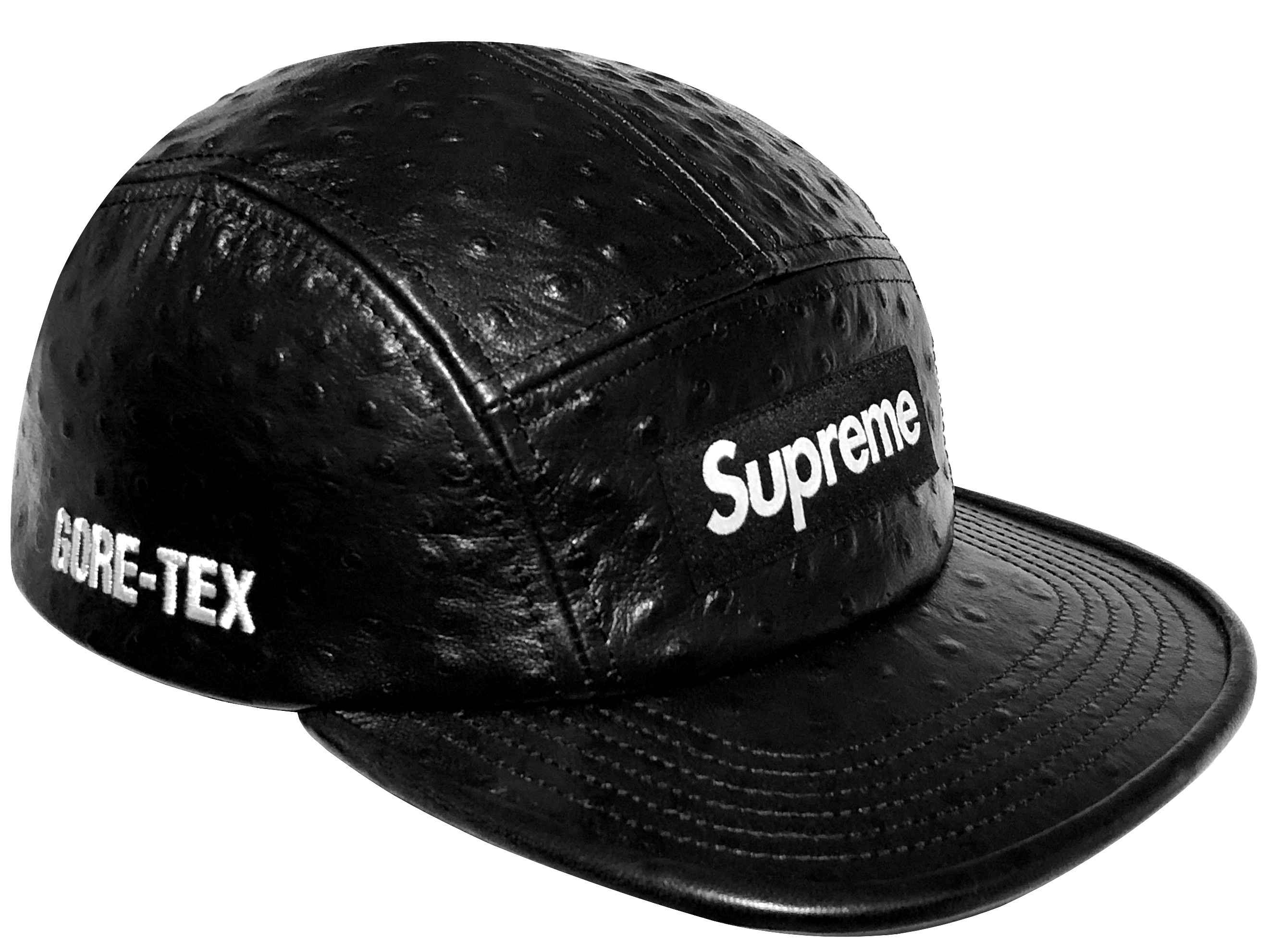 SUPREME シュプリーム キャップ 26SS 新品 黒 Supreme Ostrich Embossed Leather GORE-TEX Camp Cap BLACK シュプリーム オーストリッチ エンボス レザー ゴアテックス キャンプ キャップ ボックスロゴ ブラック レザー｜ONLY ONE STYLE