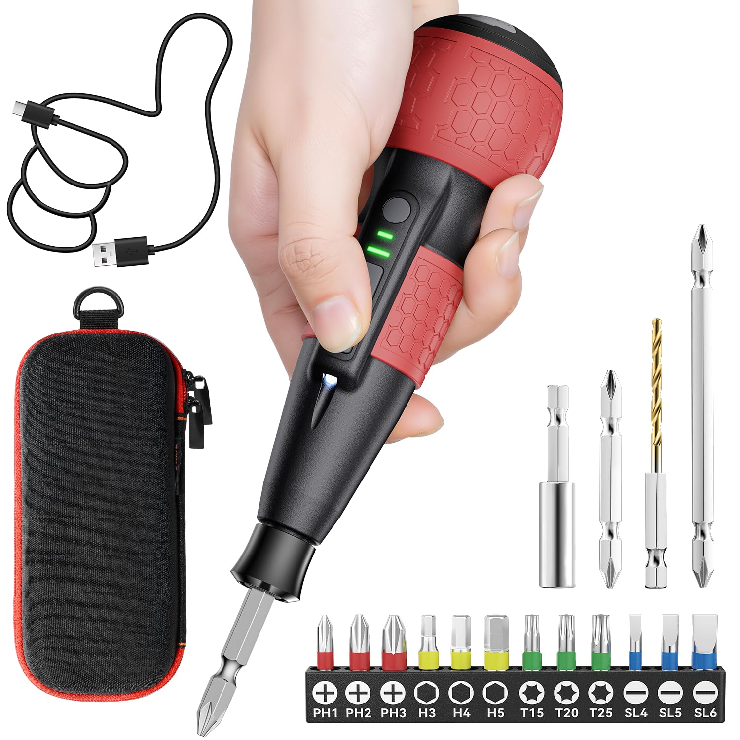 電動１番ウッド 小型 USB申し受ける式 手動15N.m 電動6N.m 豪然たる 16点ビット書き割り 納める容れもの付き添い人 LEDともし火付き添い人 軽さ DIY 物の具 赤いこと