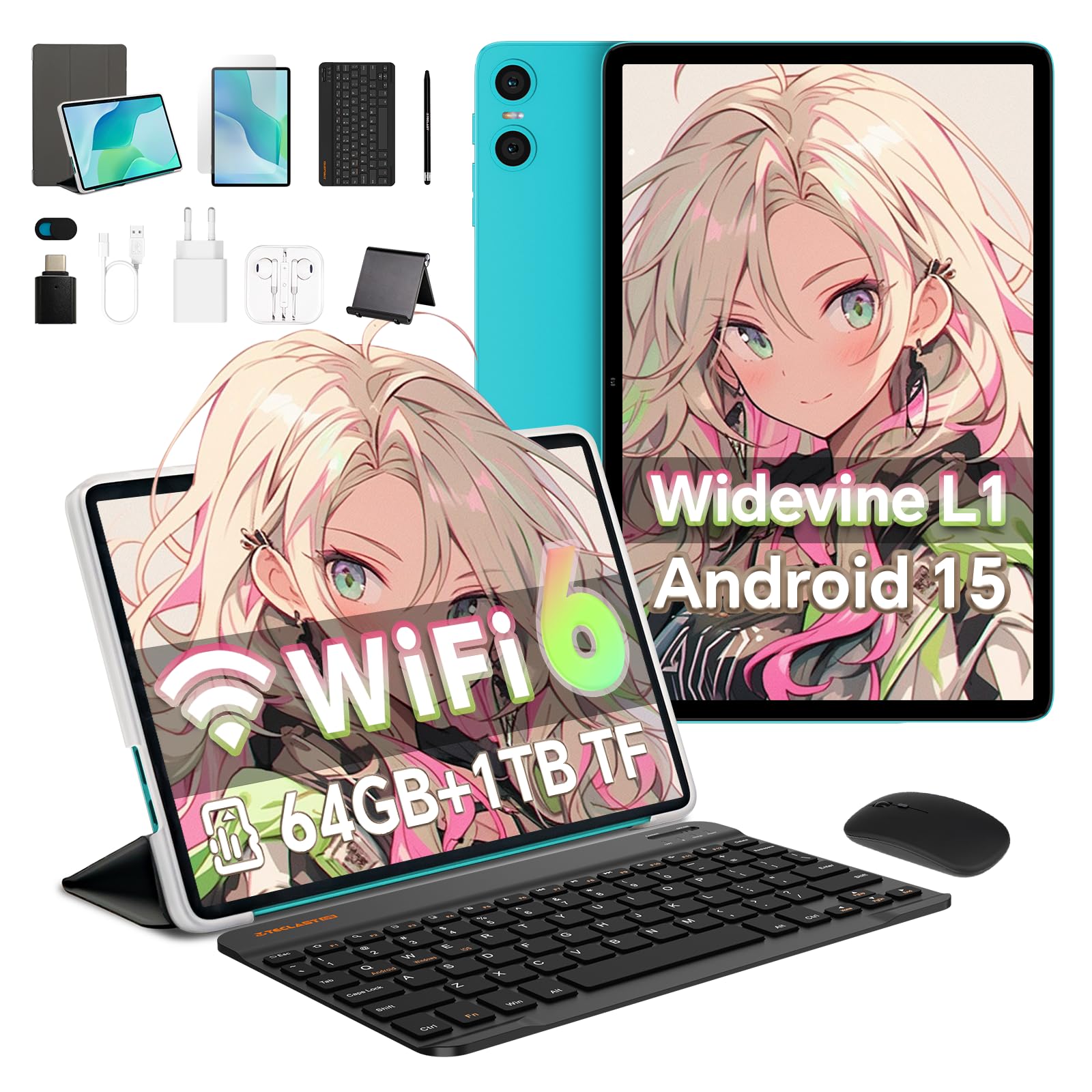 Android 15 タブレット 10インチ WiFi 6 6000mAh Type-C OTG 顔認識 無線投影 フルメタルボディ 9GB 64GB 1TB 拡張 キーボード マウス 保護ケース スタイラス フィルム スタンド ヘッドフォン付き｜EverestOnline
