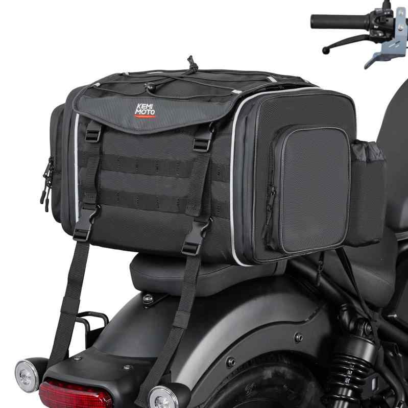 KEMIMOTO シートバッグ バイクシートバッグ 拡張機能あり ツーリングバッグ レインカバー付き バイク リアバッグ 変形しにくい 荷物固定ベルト付き バッグ上部積載可能 キャンピングシート