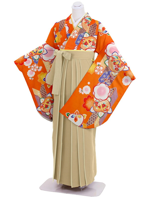 【レンタル】卒業式袴レンタル　オレンジ梅&times;ベージュストライプ｜クリーニング専門店 小野ドライ