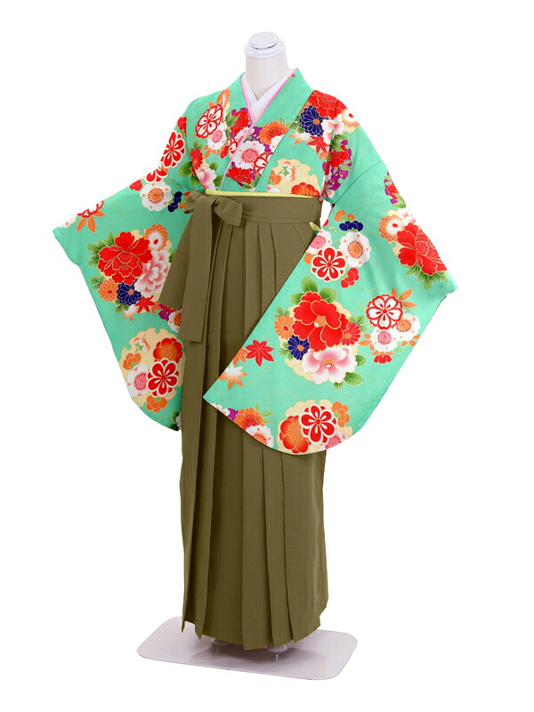 【レンタル】卒業式袴レンタル エメラルドグリーン桜地花柄×茶|クリーニング専門店 小野ドライ
