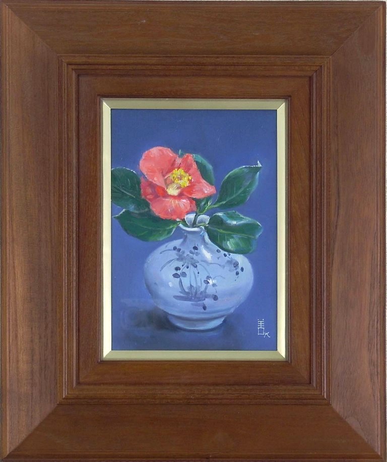 小館善四郎 「紅椿ー染付油壷」 油彩SM|小野画廊
