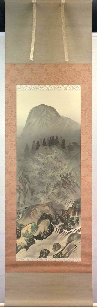 日本画　水墨山水　★手書き　1点モノ★嬉しい額装付！外寸約561×422mm34 掛軸 掛け軸 水墨山水 山本翠雲 尺八立 約横71×縦190cm b1145
