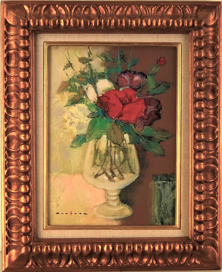 【真作】絵画　湯浅洋子　油彩8号　薔薇　美しい色彩表現　インテリア　V159 真作】絵画 湯浅洋子 油彩8号 薔薇 美しい色彩表現 インテリア V159