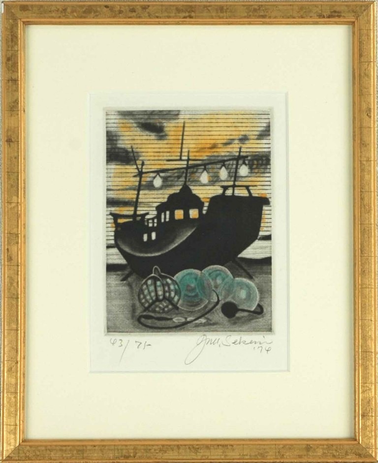 尾崎志郎　サイロと牧舎　木版画　絵画 楽天市場】尾崎 志郎「漁村（増毛）」木版画・限定直筆サイン入