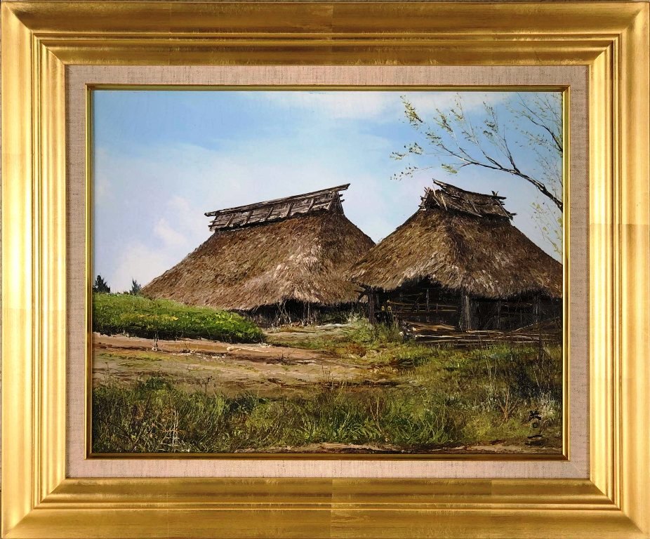 安永勝美 油彩画「会津の里」アンティーク ゴールドフレーム 額縁付 油絵 風景画 安永勝美 油彩画「会津の里」アンティーク ゴールドフレーム