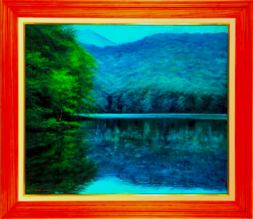 【カトウ】　中原真一　「晴日」　油彩画１０号　額装 中原真一・油絵・油彩画・風景画『奥入瀬』・No.190609-01・梱包
