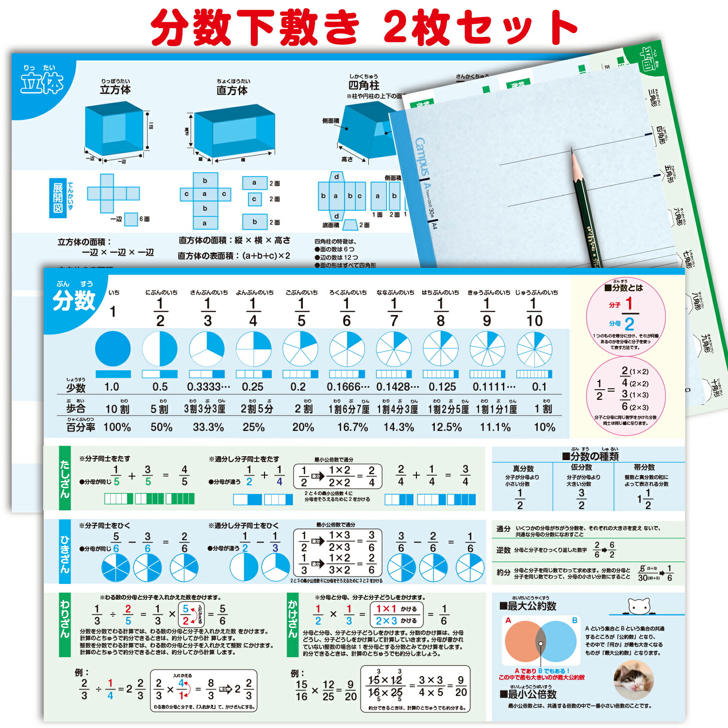 楽天市場】分数下敷 2枚セット A4サイズ 分数 単位 学習 立方体 展開図