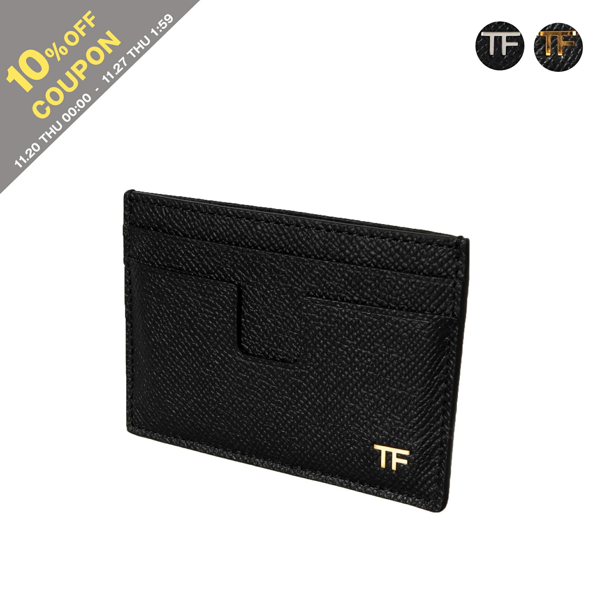 【美品】トムフォード カードケース レザーブラック ゴールドメタル 箱付き 美品】TOM FORD トムフォード カードケース レザー ブラック ゴールド