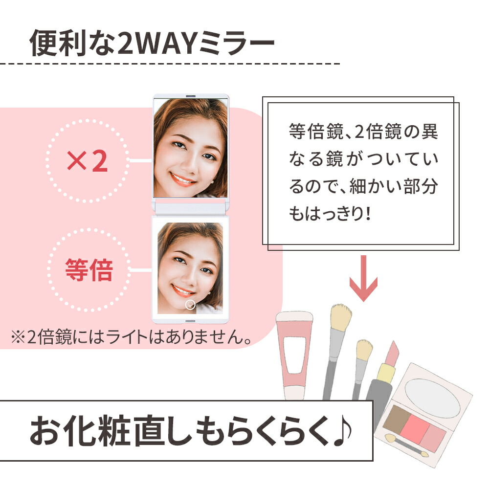 女優ミラーLEDライトミラー暗い場所でもメイク直しOKの二面鏡お姫様ミラーメイクアップミラーコンパクトミラー電池式手鏡メイクMILLER-LIGHT