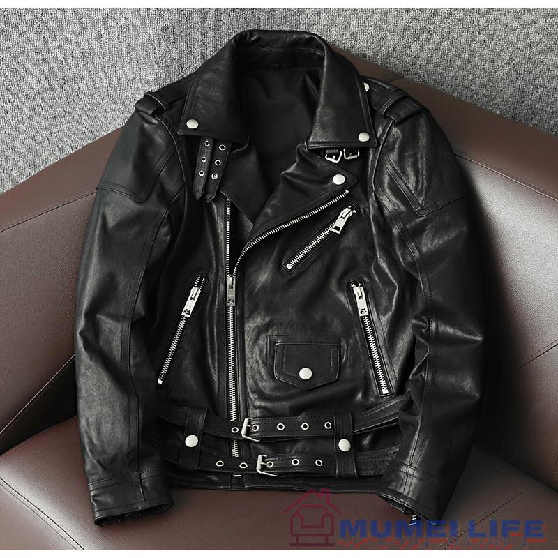 一般受け新品★緑であること★なめし革上衣★羊革★シープスキン★黒いこと★★革ジャン★ライダース