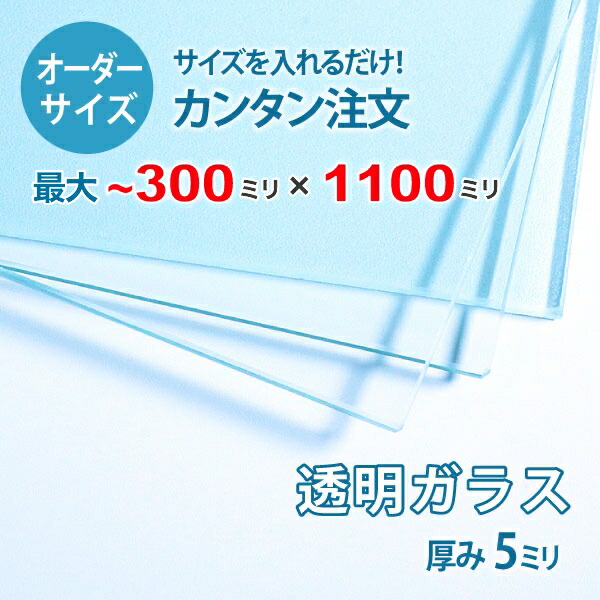 【オーダーサイズ】透明ガラス厚さ5ミリ：300ミリ×1100ミリ以内のガラスのサイズオーダー製作：全周ミガキ加工済み【安心保証付き】／DIY・棚板・テーブルトップ・間仕切り