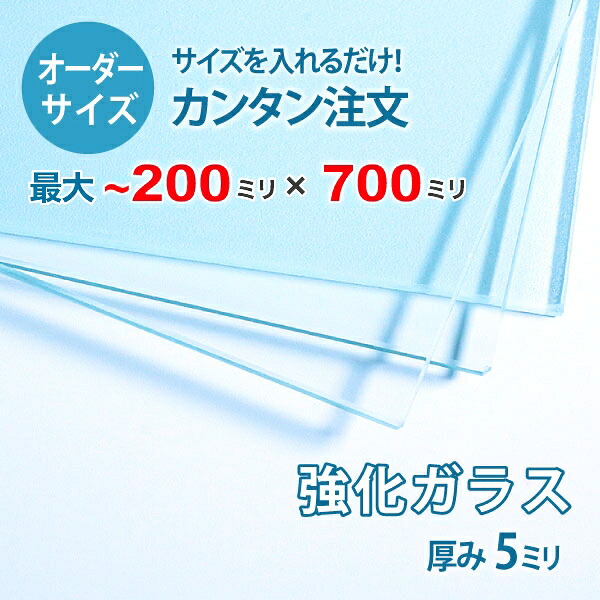 【オーダーサイズ】透明強化ガラス厚さ5ミリ：200ミリ×700ミリ以内のガラスのサイズオーダー製作：全周ミガキ加工済み【安心保証付き】／DIY・棚板・テーブルトップ・間仕切り・安全ガラス