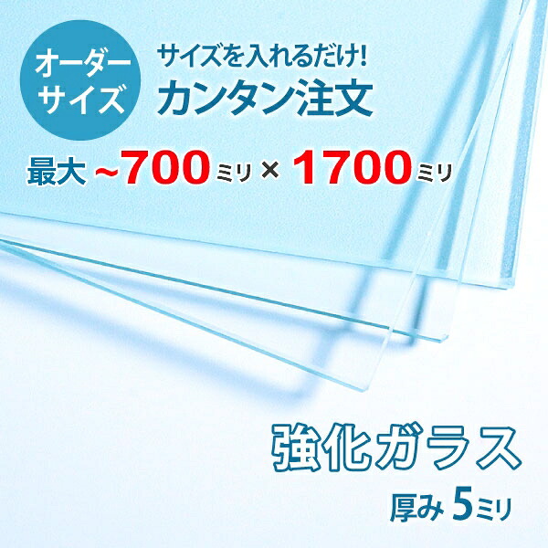 【オーダーサイズ】透明強化ガラス厚さ5ミリ：700ミリ×1700ミリ以内のガラスのサイズオーダー製作：全周ミガキ加工済み【安心保証付き】／DIY・棚板・テーブルトップ・間仕切り・安全ガラス