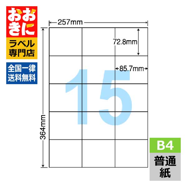E15M ラベルシール タックシール B4判 15面 1片サイズ72.8mm×85.7mm 余白なし 宛名ラベル 宛名シール 表示ラベル ナナコピー 普通紙ラベル インクジェットプリンタ・レーザープリンタ適合 マルチプリンターラベル 【サンプル提供不可】