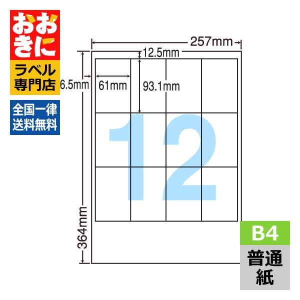 LEW12G ラベルシール タックシール B4判 12面 1片サイズ61.0mm×93.1mm 上下左右余白あり 宛名ラベル 宛名シール 表示ラベル ナナワード 普通紙ラベル インクジェットプリンタ・レーザープリンタ適合 マルチプリンターラベル 【サンプル提供不可】