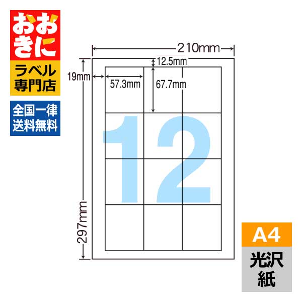 SCL9 ラベルシール タックシール A4判 12面 1片サイズ57.3mm×67.7mm 上下左右余白あり 商品ラベル 表示ラベル 装飾ラベル ナナクリエイト 光沢紙ラベル レーザープリンタ専用 【サンプル提供可】