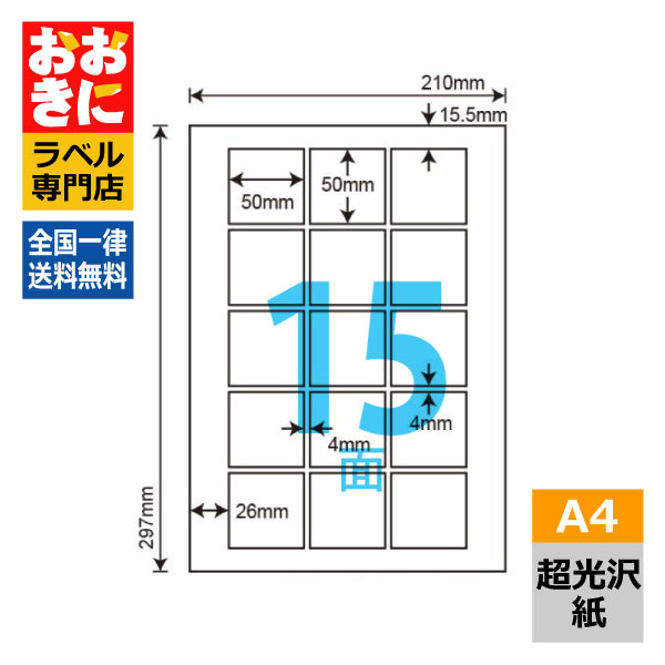 SSCL73 ラベルシール タックシール A4判 15面 1片サイズ50mm×50mm 上下左右余白あり 商品ラベル 装飾用ラベル ナナクリエイト 超光沢紙ラベル レーザープリンタ専用 【サンプル提供可】