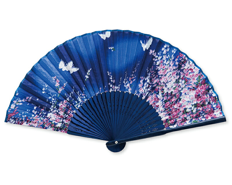 和柄 扇子 藍染中彫 花に蝶 藍 名入れ可 30 から 100本 1本あたり1,210円から FU-5893 名入れ 男性用 メンズ 女性用 レディース 送料無料|オーケーマート